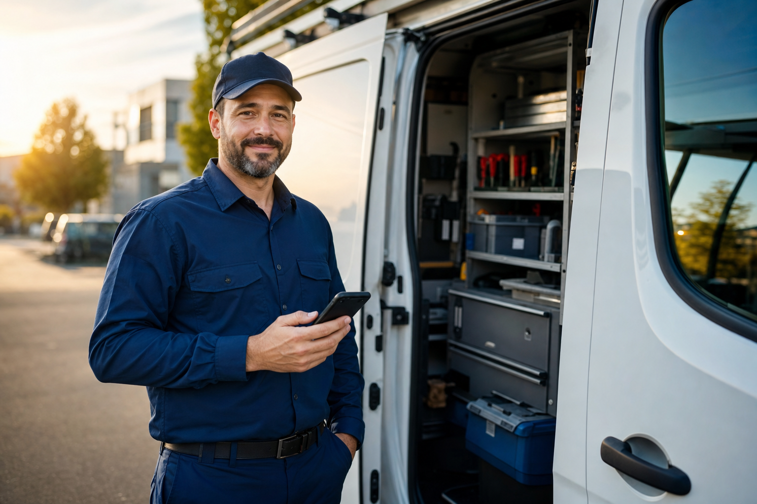 Field service technician with his van, checking a job on his phone
