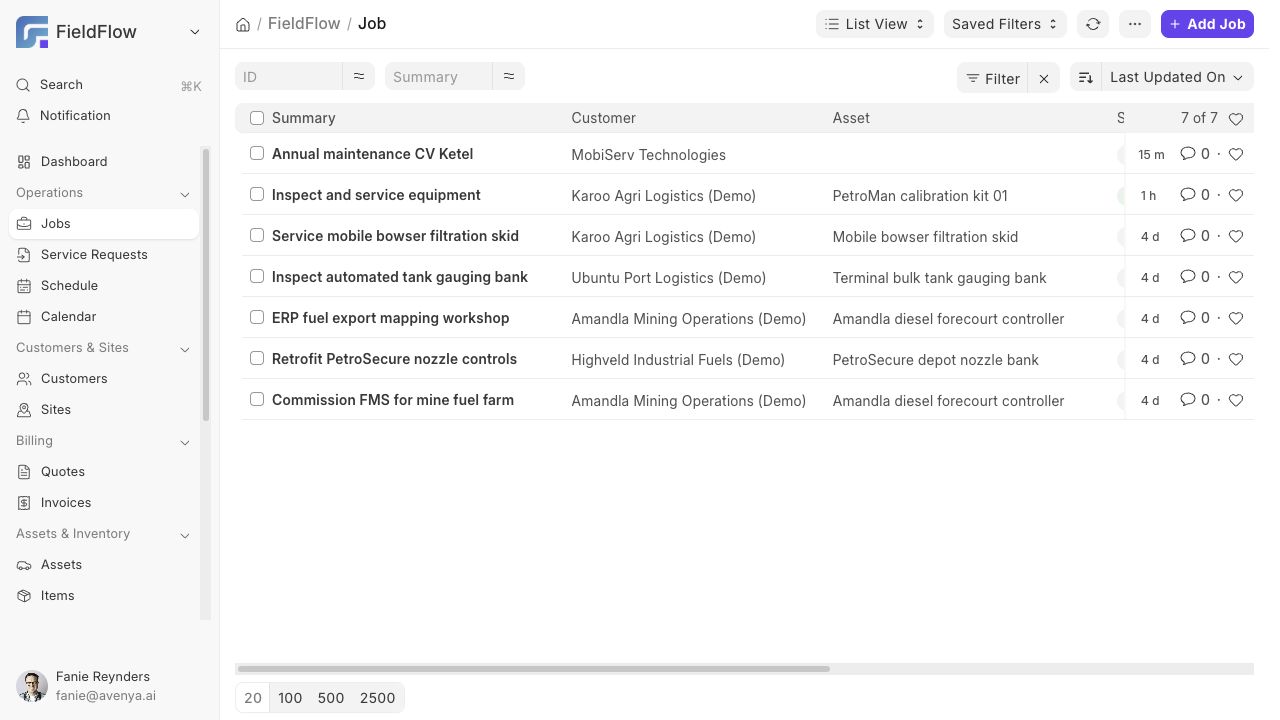 FieldFlow jobs list
