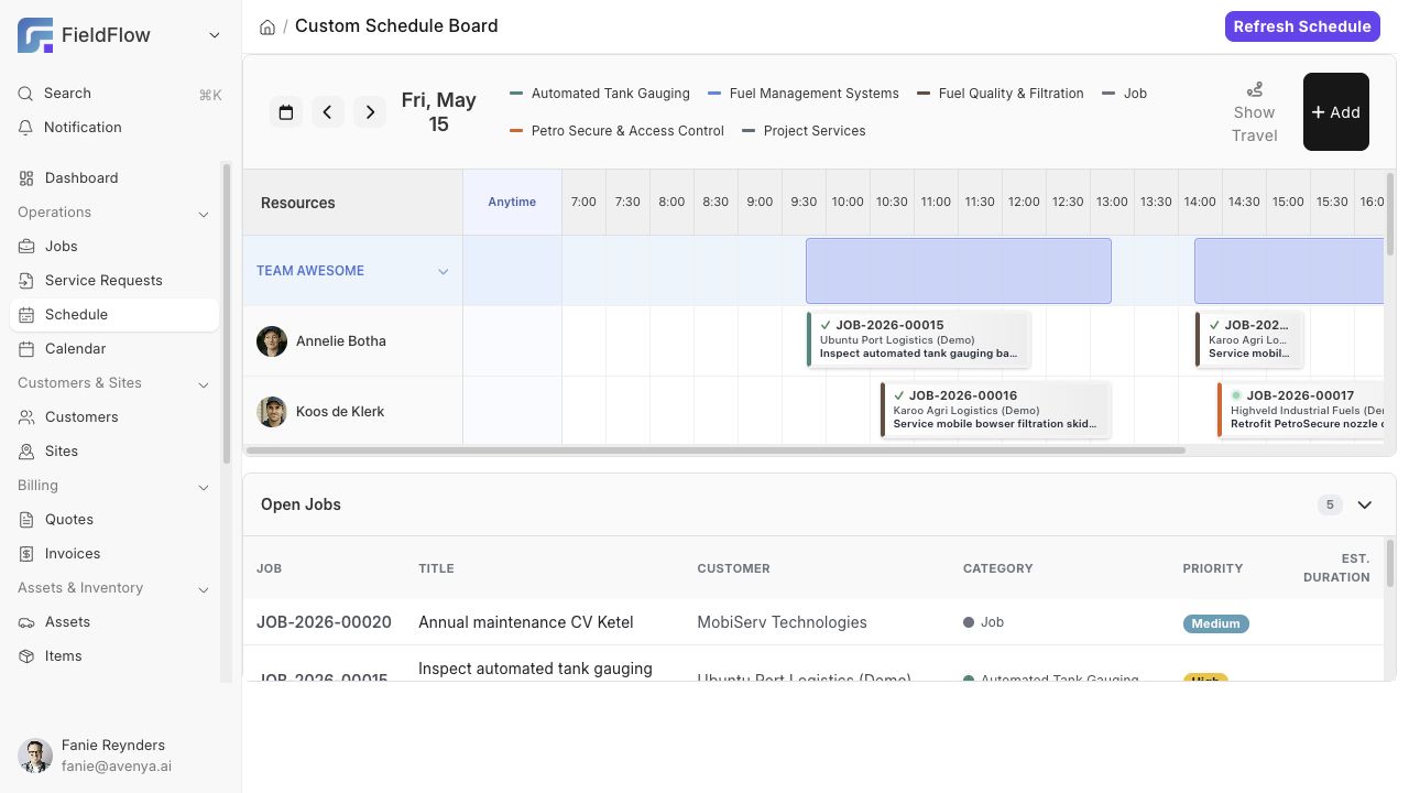 FieldFlow schedule board with drag-and-drop technician assignment